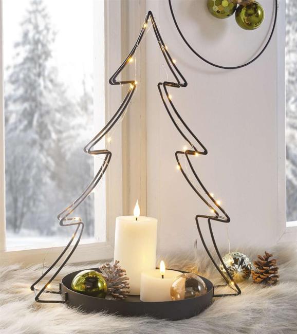 Dekoschale "Tannenbaum" aus Metall, schwarz, Deko-Tablett Ø 25 cm mit Baum Silhoutte, 49 cm hoch, Obstschale, Obstkorb