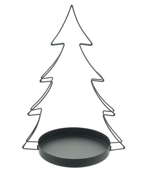 Preview: Dekoschale "Tannenbaum" aus Metall, schwarz, Deko-Tablett Ø 25 cm mit Baum Silhoutte, 49 cm hoch, Obstschale, Obstkorb