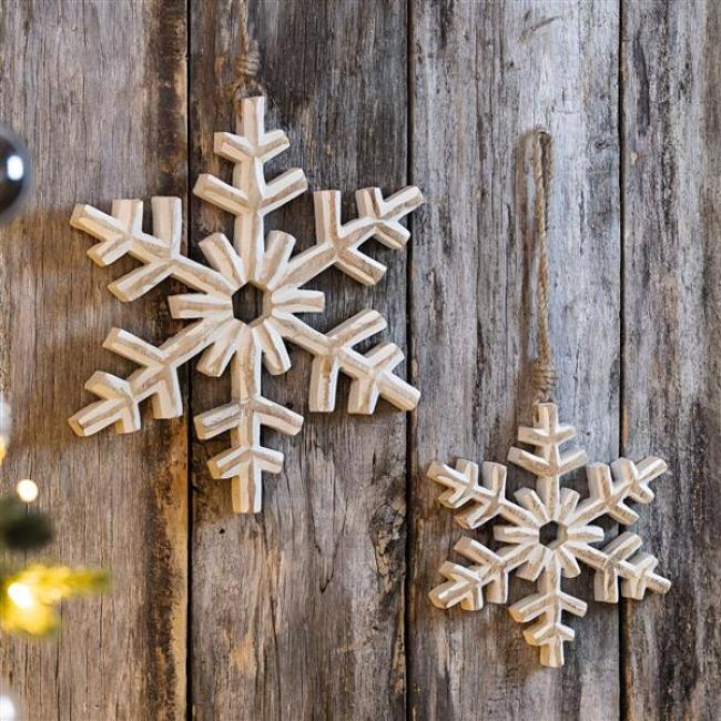 Preview: 2x Dekohänger "Schneeflocke" aus Mango Holz, weiß gekalkt, Ø 16 + 22 cm, Weihnachtsbaumschmuck, Weihnachtsdeko