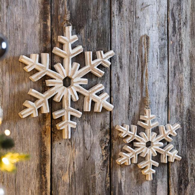2x Dekohänger "Schneeflocke" aus Mango Holz, weiß gekalkt, Ø 16 + 22 cm, Weihnachtsbaumschmuck, Weihnachtsdeko
