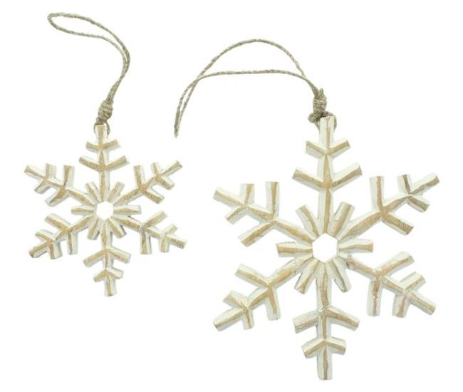 Preview: 2x Dekohänger "Schneeflocke" aus Mango Holz, weiß gekalkt, Ø 16 + 22 cm, Weihnachtsbaumschmuck, Weihnachtsdeko