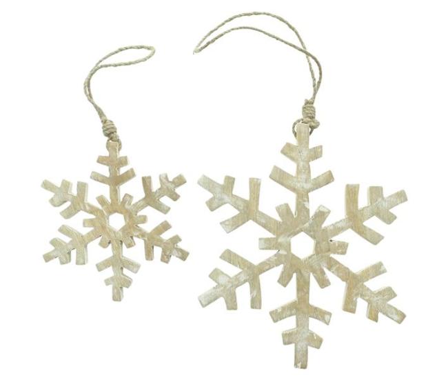 Preview: 2x Dekohänger "Schneeflocke" aus Mango Holz, weiß gekalkt, Ø 16 + 22 cm, Weihnachtsbaumschmuck, Weihnachtsdeko