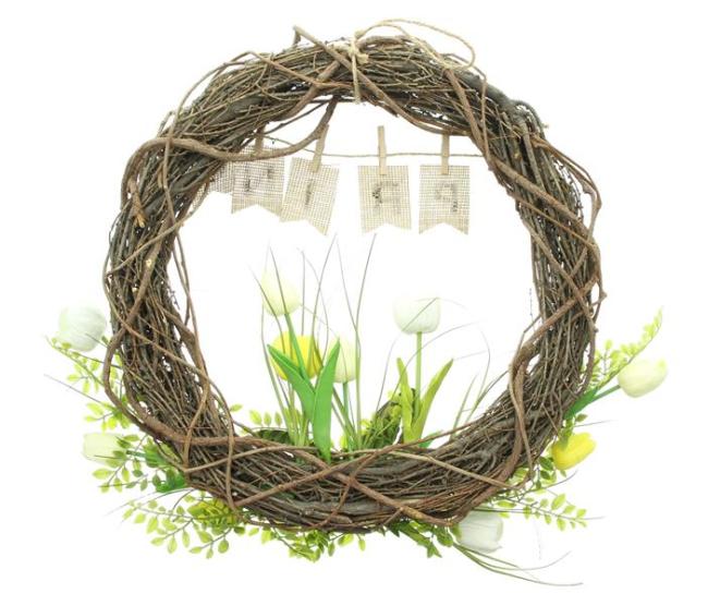 Kranz "Spring" Frühlingskranz aus Zweigen, Ø 45 cm groß, mit Tulpen & Gräsern aus Kunststoff, Dekokranz, Wandkranz, Türkranz