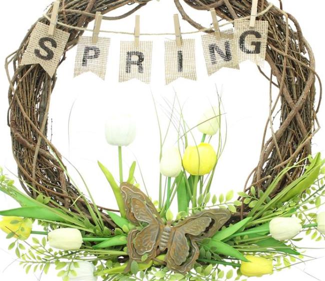 Kranz "Spring" Frühlingskranz aus Zweigen, Ø 45 cm groß, mit Tulpen & Gräsern aus Kunststoff, Dekokranz, Wandkranz, Türkranz