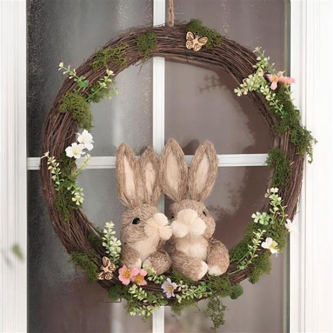 Preview: großer Kranz "Hasenpärchen" Ø 40 cm, Osterkranz aus Reisig, Dekokranz mit Osterhasen aus Stroh, Türkranz, Osterdeko, Naturkranz