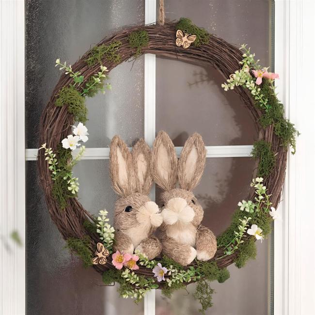 großer Kranz "Hasenpärchen" Ø 40 cm, Osterkranz aus Reisig, Dekokranz mit Osterhasen aus Stroh, Türkranz, Osterdeko, Naturkranz