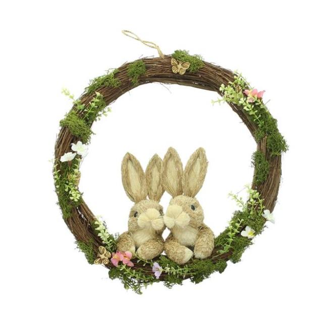 Preview: großer Kranz "Hasenpärchen" Ø 40 cm, Osterkranz aus Reisig, Dekokranz mit Osterhasen aus Stroh, Türkranz, Osterdeko, Naturkranz