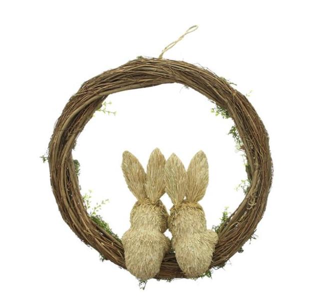 Preview: großer Kranz "Hasenpärchen" Ø 40 cm, Osterkranz aus Reisig, Dekokranz mit Osterhasen aus Stroh, Türkranz, Osterdeko, Naturkranz