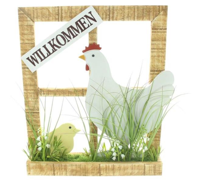 Preview: Dekofenster "Ostergruß", Holzrahmen mit Huhn, Küken & Kunstgras, 35x40 cm, Holzdeko, Osterdeko