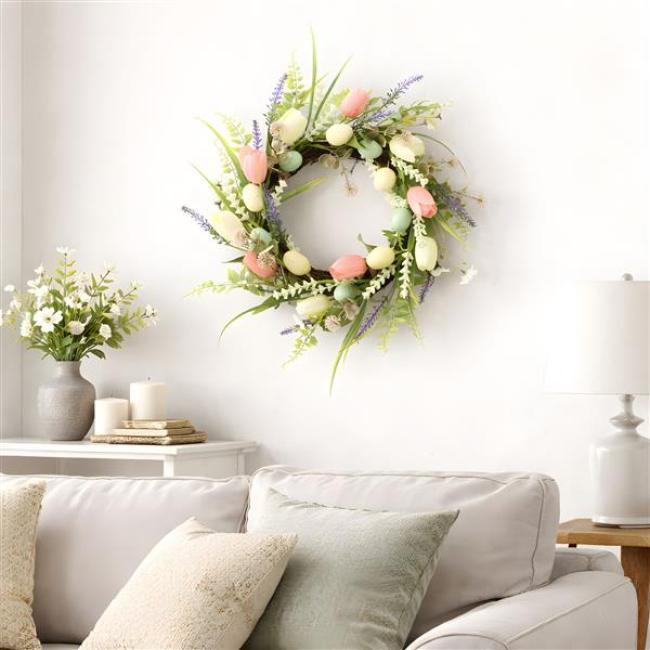 Preview: Osterkranz "Tulpenliebe" aus Rattan, Kunstblumen & Kunststoff Eiern, Ø 45 cm groß, Frühlingskranz, Türkranz Frühling & Ostern