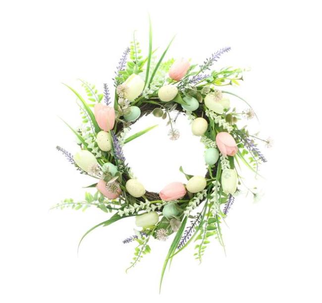 Osterkranz "Tulpenliebe" aus Rattan, Kunstblumen & Kunststoff Eiern, Ø 45 cm groß, Frühlingskranz, Türkranz Frühling & Ostern