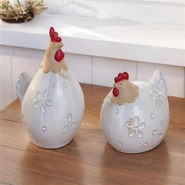 Preview: 2x Dekofigur "Huhn & Hahn" aus Porzellan, 14 + 22 cm hoch, Osterdeko mit Blumenmuster, Frühlingsdeko
