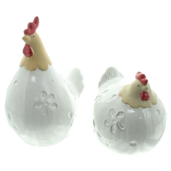 Preview: 2x Dekofigur "Huhn & Hahn" aus Porzellan, 14 + 22 cm hoch, Osterdeko mit Blumenmuster, Frühlingsdeko