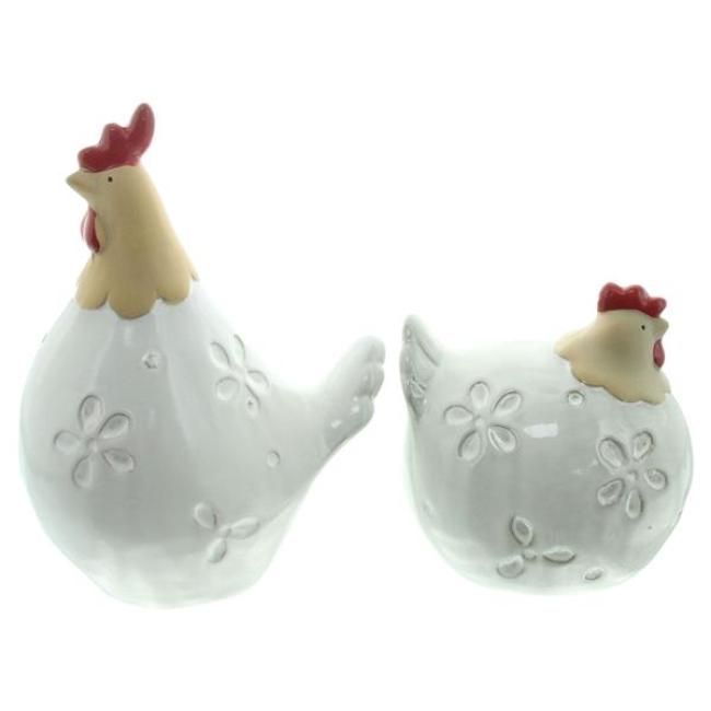 Preview: 2x Dekofigur "Huhn & Hahn" aus Porzellan, 14 + 22 cm hoch, Osterdeko mit Blumenmuster, Frühlingsdeko