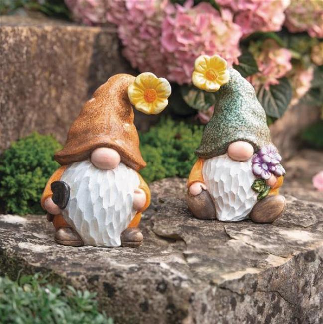 Preview: 2x Wichtel "Blümchen" aus Polyresin, Gartendeko wetterfest, Gartenzwerg, Gnom, Outdoor Garten Dekofigur