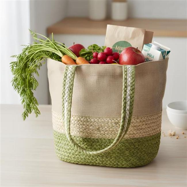 Preview: Umhängetasche "Nature Green" aus Jute, Jutetasche natur / grün, Einkaufstasche mit 2 Henkeln, Shopper, Jutebeutel, Stofftasche, Tote Bag