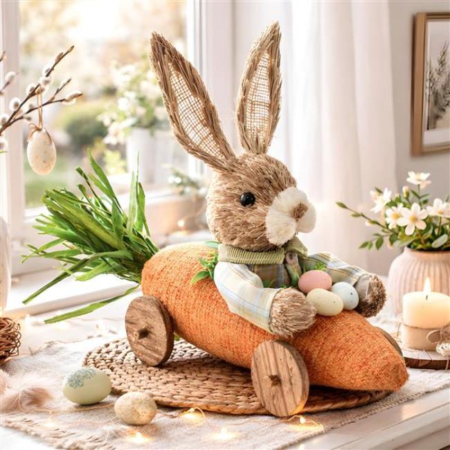 Preview: Dekofigur "Hoppelmobil" Osterhase in Karotte, Osterdeko aus Stroh & Textil, 39 cm lang, Osterfigur, Deko Ostern