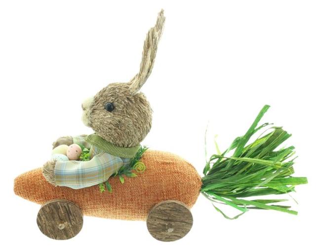 Dekofigur "Hoppelmobil" Osterhase in Karotte, Osterdeko aus Stroh & Textil, 39 cm lang, Osterfigur, Deko Ostern