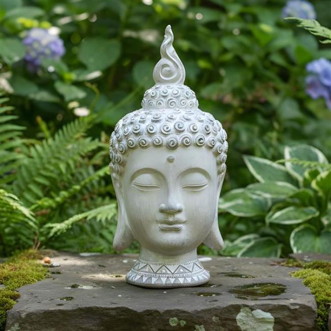 Preview: Buddha Figur "Relax" Gartendeko aus Magnesiumoxid, braun / weiß gekalkt, Buddha Kopf 32 cm groß