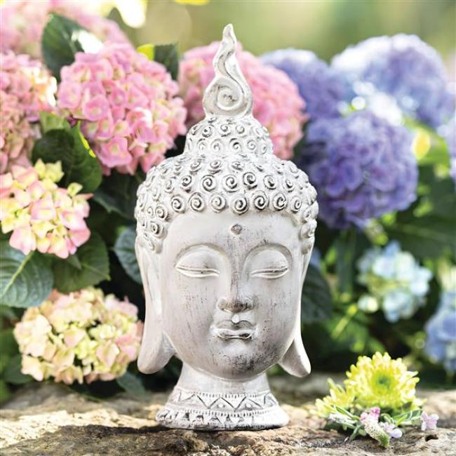 Preview: Buddha Figur "Relax" Gartendeko aus Magnesiumoxid, braun / weiß gekalkt, Buddha Kopf 32 cm groß