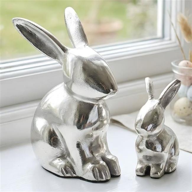 Preview: 2x Hasenfigur "Silber" aus Aluminium in Antik Optik, Osterdeko 8 + 14 cm hoch, Osterhase Deko Figur, Osterfigur sitzend