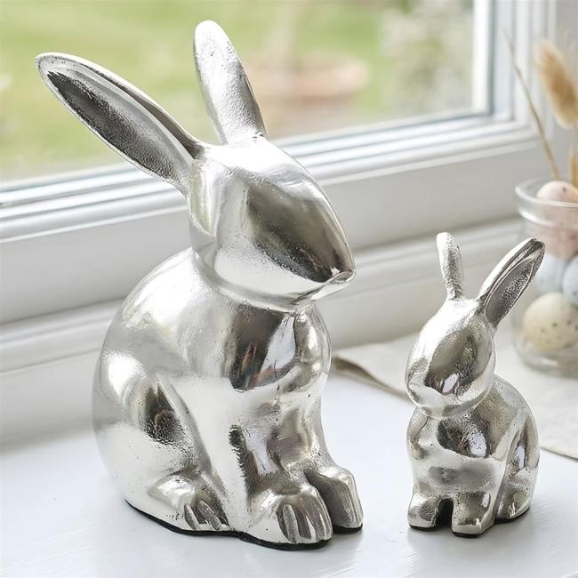 2x Hasenfigur "Silber" aus Aluminium in Antik Optik, Osterdeko 8 + 14 cm hoch, Osterhase Deko Figur, Osterfigur sitzend