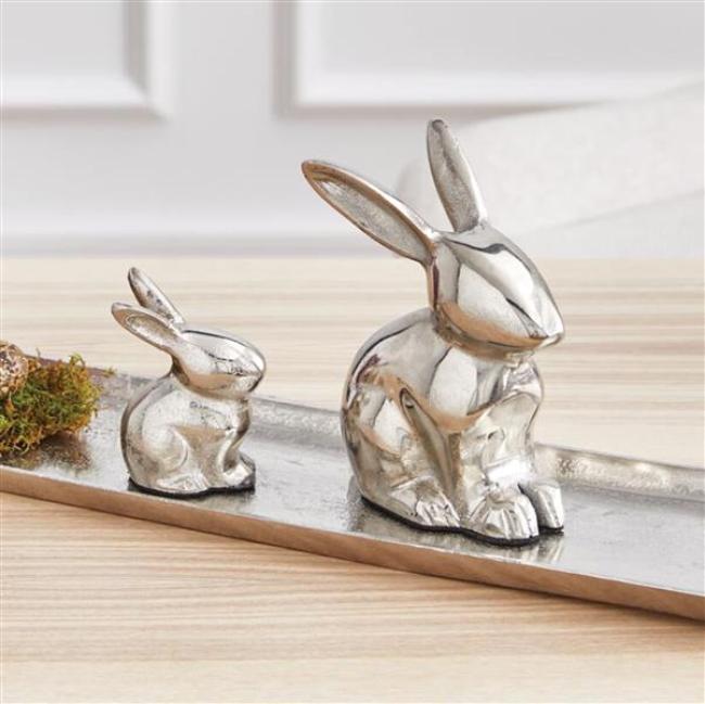Preview: 2x Hasenfigur "Silber" aus Aluminium in Antik Optik, Osterdeko 8 + 14 cm hoch, Osterhase Deko Figur, Osterfigur sitzend
