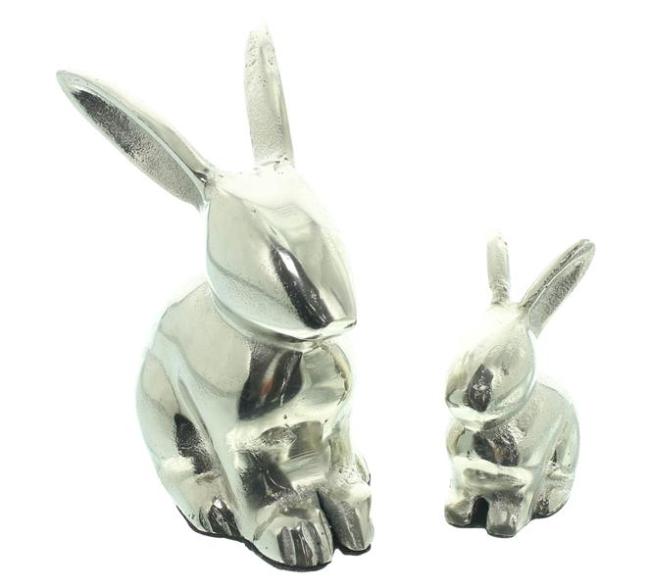 Preview: 2x Hasenfigur "Silber" aus Aluminium in Antik Optik, Osterdeko 8 + 14 cm hoch, Osterhase Deko Figur, Osterfigur sitzend