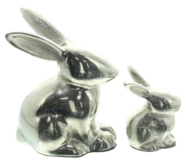 2x Hasenfigur "Silber" aus Aluminium in Antik Optik, Osterdeko 8 + 14 cm hoch, Osterhase Deko Figur, Osterfigur sitzend
