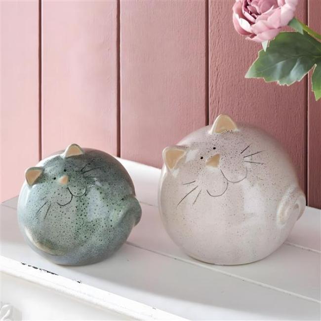 Preview: 2x Dekofigur "Kugel-Kätzchen" Katzenfiguren aus Porzellan, Katzenpaar, Katzen Deko, Katzenskulptur, Geschenke für Katzenliebhaber