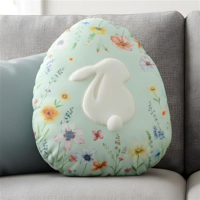 Preview: Dekokissen "Osterei" aus Samt in mint grün, Sofakissen mit Hase aus Kunstfell, Zierkissen 33 x 43 cm, Couchkissen Ostern
