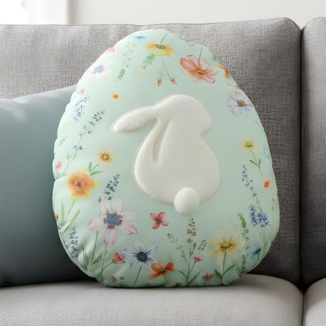 Dekokissen "Osterei" aus Samt in mint grün, Sofakissen mit Hase aus Kunstfell, Zierkissen 33 x 43 cm, Couchkissen Ostern