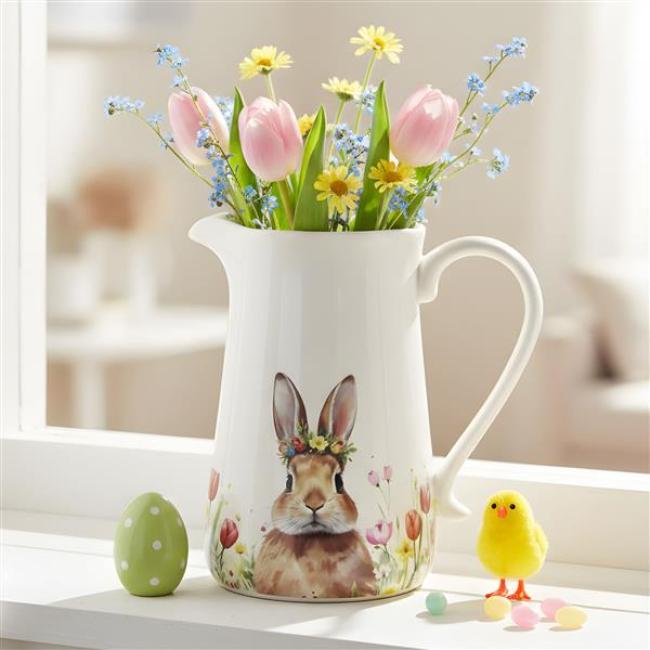 Preview: Dekovase "Häschen" aus Porzellan, glänzend, Tulpenvase 19 cm hoch, Blumenvase, Vase, Dekokanne