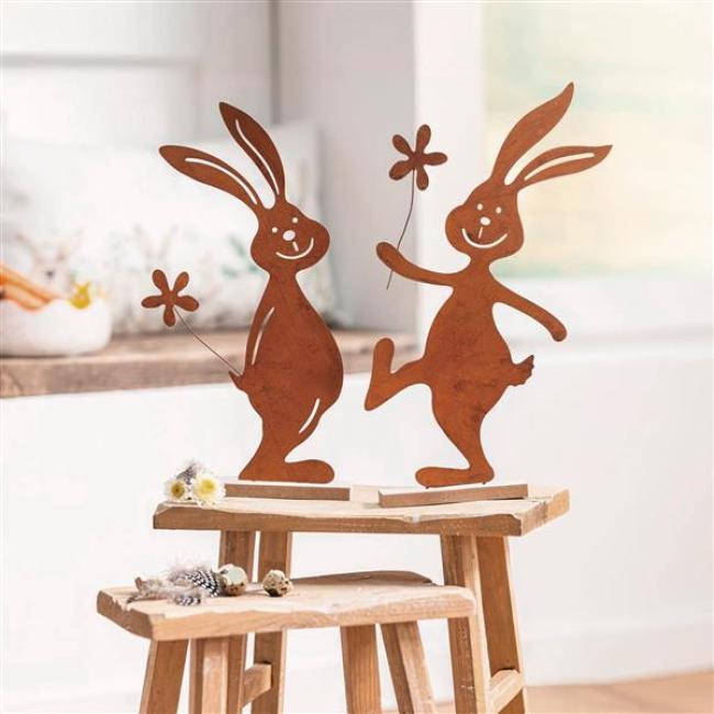 Preview: 2x Hasenfigur "Rosthase" aus Metall mit Rost Finish, 37 + 38 cm groß, Osterdeko, Osterhase, Deko Figur, Osterfigur