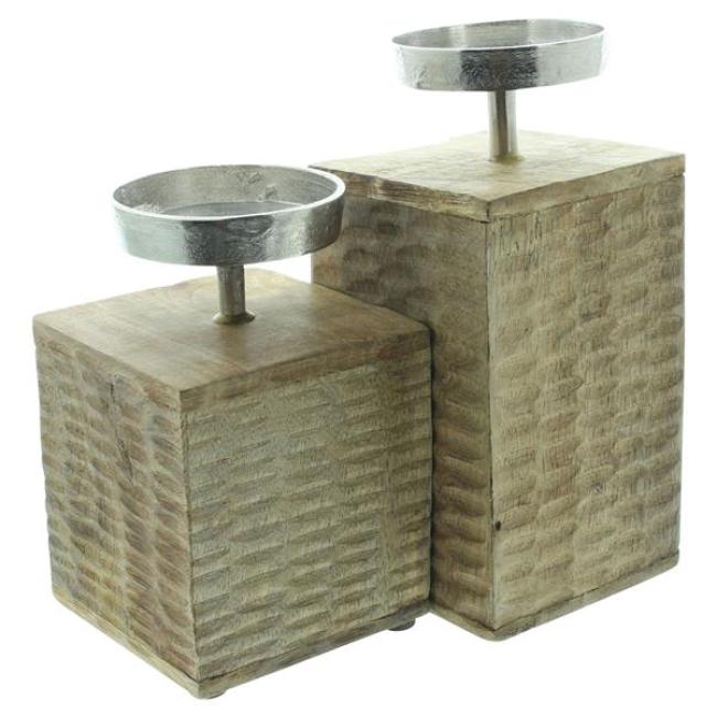 2x Kerzenständer "Holzblock" aus Mango Holz für Stumpenkerzen, Kerzenhalter 14 + 19 cm hoch, Kerzensäule, Holzsäule