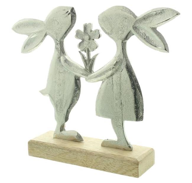 Osterfiguren "Hasenpaar mit Blumen" Osterhasen aus Aluminium, silber mit Antik Finish, 24x20 cm, Osterdeko, Deko Figur
