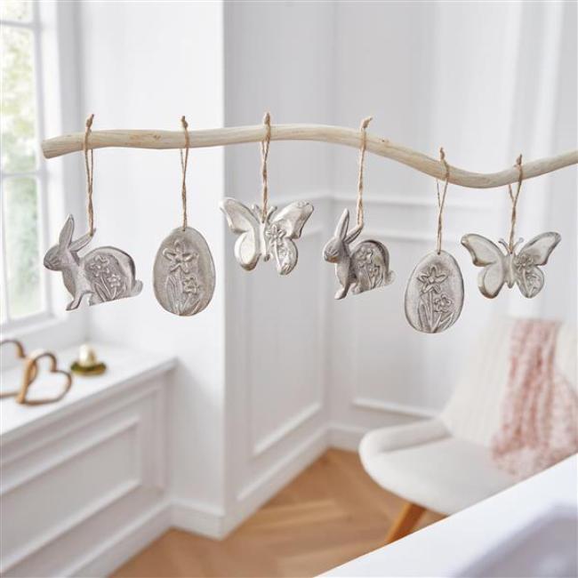 Preview: Dekohänger "Ostern" im 6er Set aus Aluminium, silber mit Antik Finish, Hängedeko Frühling, Osterdeko Osterstrauch
