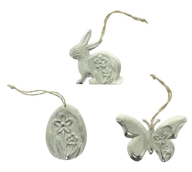 Preview: Dekohänger "Ostern" im 6er Set aus Aluminium, silber mit Antik Finish, Hängedeko Frühling, Osterdeko Osterstrauch