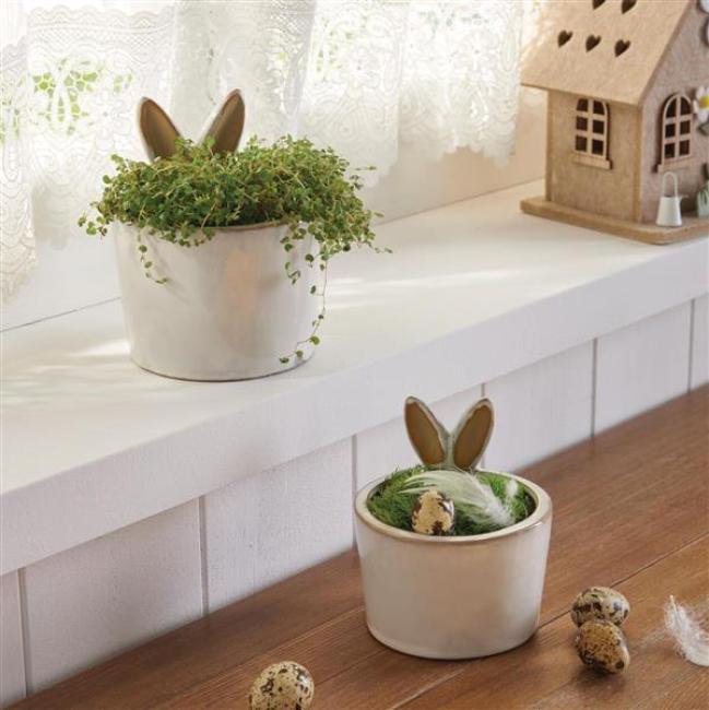 Preview: 2x Blumentopf "Hasenöhrchen" aus Porzellan, creme-weiß & beige, Pflanztopf, Übertopf klein, Osterdeko