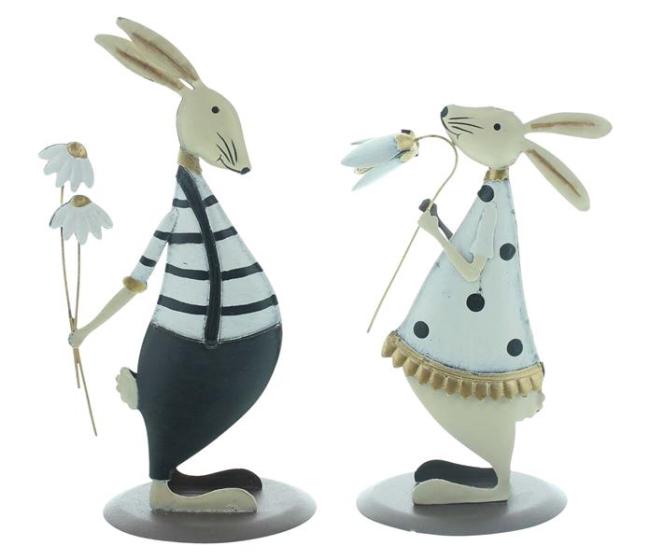 Preview: 2x Dekofigur "Hasenpaar" aus Metall, schwarz / weiß / gold, Osterdeko 16 + 20 cm hoch, Osterhasen
