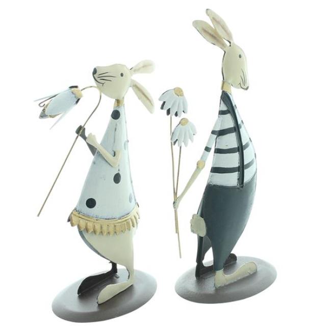 Preview: 2x Dekofigur "Hasenpaar" aus Metall, schwarz / weiß / gold, Osterdeko 16 + 20 cm hoch, Osterhasen
