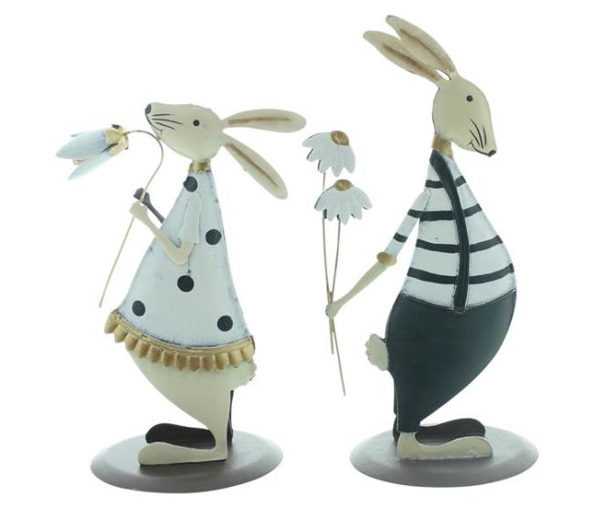 2x Dekofigur "Hasenpaar" aus Metall, schwarz / weiß / gold, Osterdeko 16 + 20 cm hoch, Osterhasen