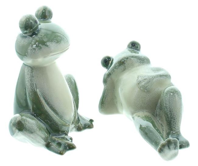 2x Dekofigur "Frosch" aus Porzellan, glänzend grün, Outdoor Gartendeko, Froschfigur für draußen