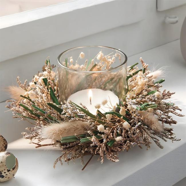 Windlicht "Trockenblumen" kleiner Dekokranz Ø 18 cm, Tischkranz mit Glas-Windlicht, Rattan-Kranz mit Gräsern