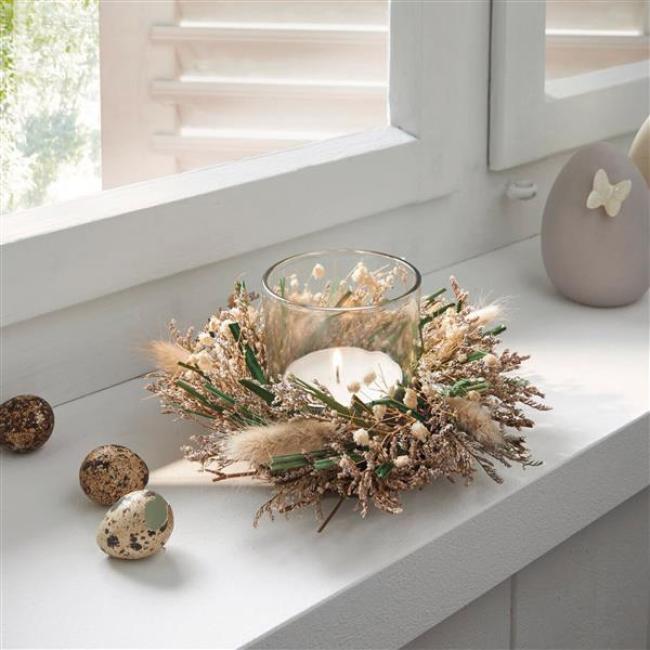 Preview: Windlicht "Trockenblumen" kleiner Dekokranz Ø 18 cm, Tischkranz mit Glas-Windlicht, Rattan-Kranz mit Gräsern