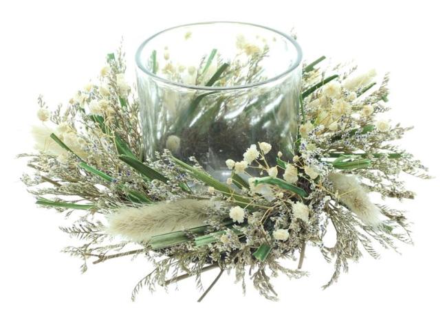 Windlicht "Trockenblumen" kleiner Dekokranz Ø 18 cm, Tischkranz mit Glas-Windlicht, Rattan-Kranz mit Gräsern