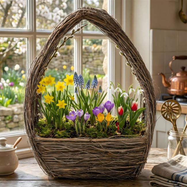 Pflanzkorb "Grey" aus Reisig, grau, Pflanzschale, handgefertigt, Blumentopf zum Bepflanzen, Pflanztasche