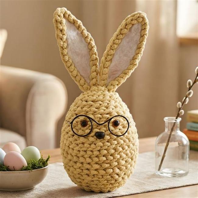 Preview: Dekofigur "Professor Hase" Hasenfigur aus gehäkelter Textilkordel, gelb, Osterdeko 30 cm hoch, Osterhase, Osterfigur