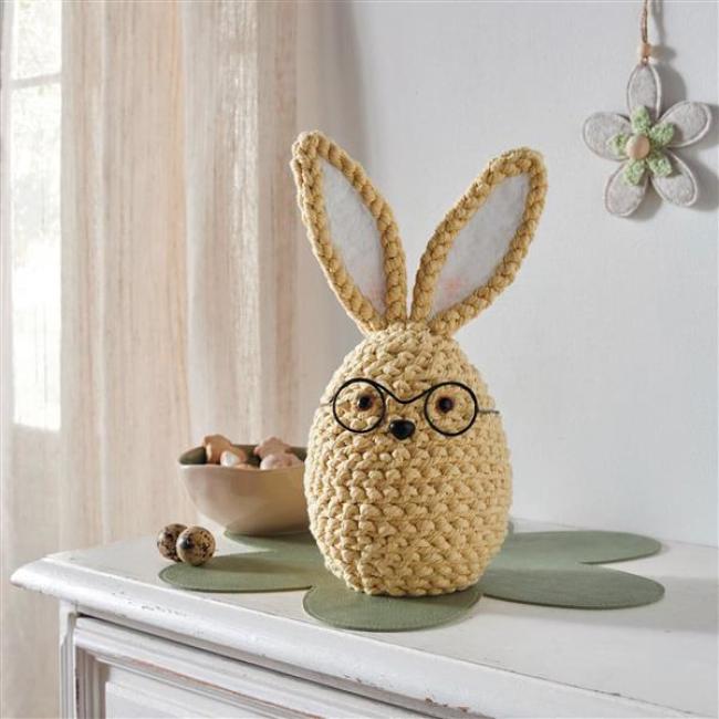 Preview: Dekofigur "Professor Hase" Hasenfigur aus gehäkelter Textilkordel, gelb, Osterdeko 30 cm hoch, Osterhase, Osterfigur
