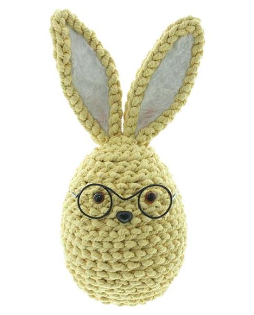 Preview: Dekofigur "Professor Hase" Hasenfigur aus gehäkelter Textilkordel, gelb, Osterdeko 30 cm hoch, Osterhase, Osterfigur